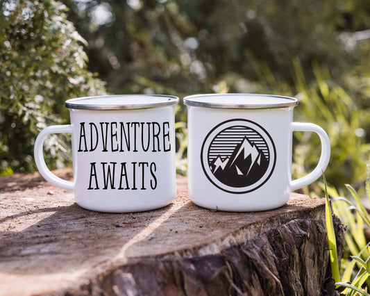 Adventure Awaits! 12oz Camp Mug, Enamel, with stainless steel rim.