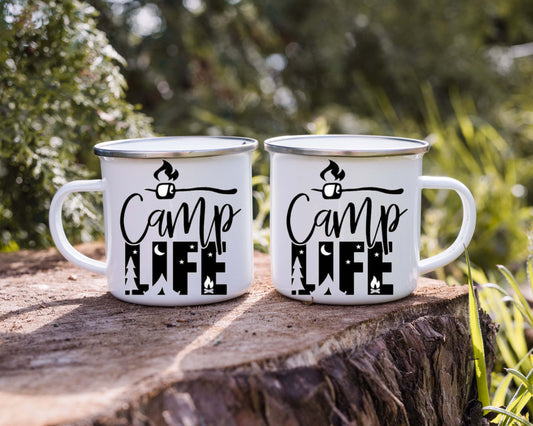 Camp Life 12oz Camp Mug, Enamel, with stainless steel rim.