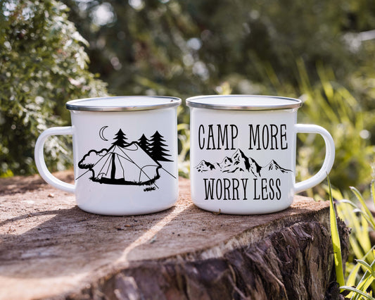 Camp More Worry Less.12oz Camp Mug, Enamel, with stainless steel rim.