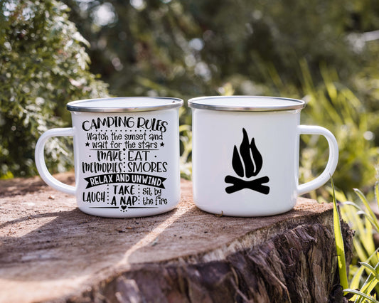 Camping Rules 12oz Camp Mug, Enamel, with stainless steel rim.