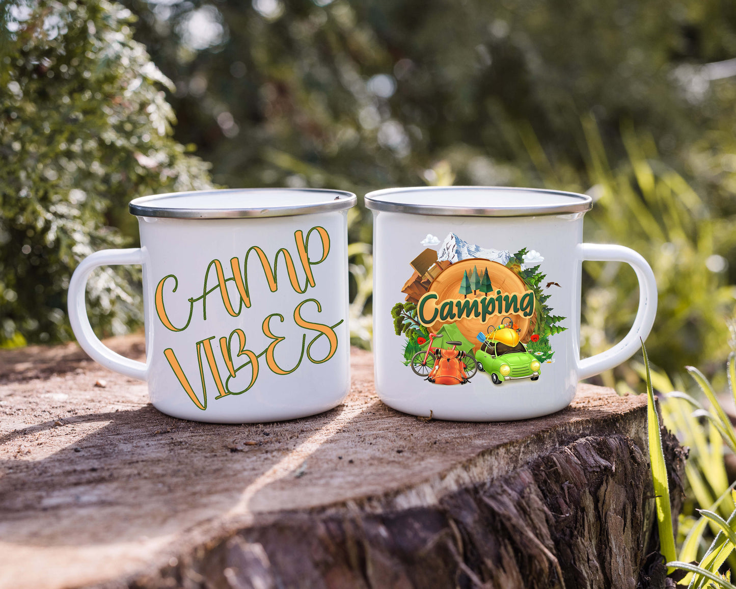 Camp Vibes .12oz Camp Mug, Enamel, with stainless steel rim.