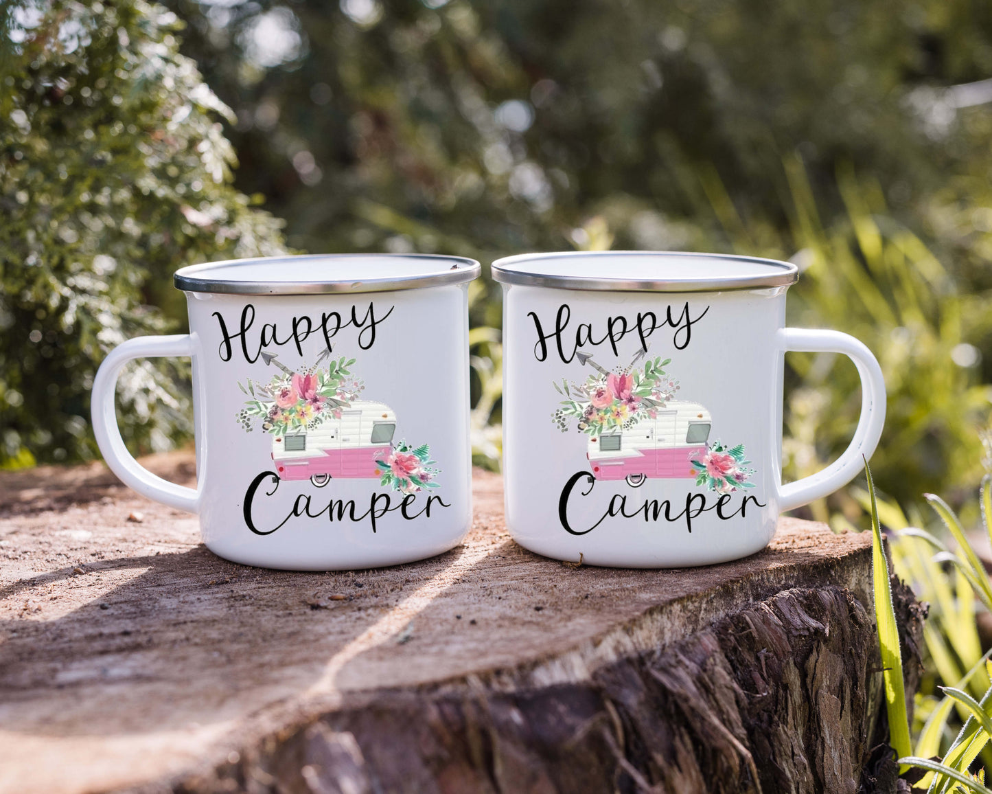 Happy Camper .12oz Camp Mug, Enamel, with stainless steel rim.