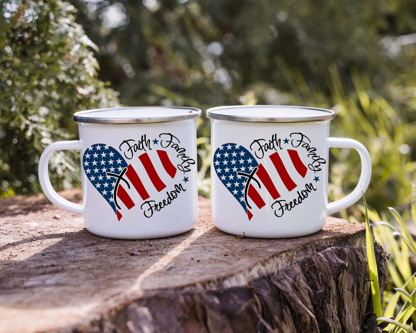 Faith Family Freedom. 12oz Camp Mug, Enamel, with stainless steel rim.