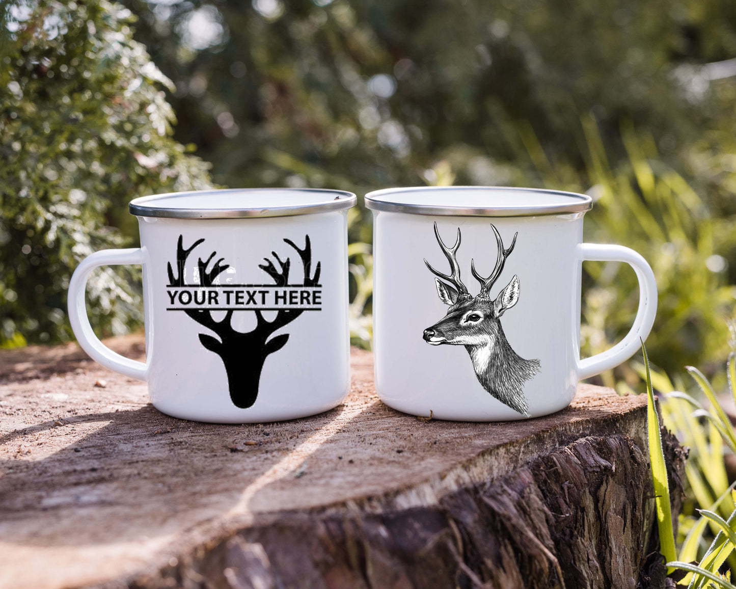 Deer Monogram 12oz Camp Mug, Enamel, with stainless steel rim.